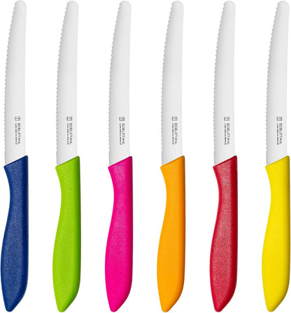 Steak Knives Set of 6, Sharp Serrated Steak Knives,Premium Stainless Steel Steak Knife Set,Colorful Tomato Knife,Steak Knifes for Kitchen/Hotel/Restaurant,Multi-Color