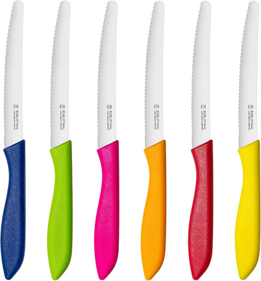 Steak Knives Set of 6, Sharp Serrated Steak Knives,Premium Stainless Steel Steak Knife Set,Colorful Tomato Knife,Steak Knifes for Kitchen/Hotel/Restaurant,Multi-Color