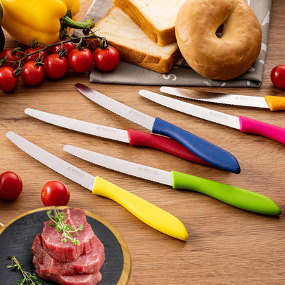 Steak Knives Set of 6, Sharp Serrated Steak Knives,Premium Stainless Steel Steak Knife Set,Colorful Tomato Knife,Steak Knifes for Kitchen/Hotel/Restaurant,Multi-Color