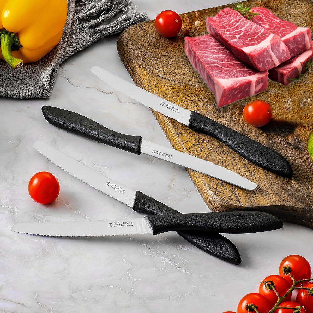 Steak Knives Set of 6, Sharp Serrated Steak Knives,Premium Stainless Steel Steak Knife Set,Colorful Tomato Knife,Steak Knifes for Kitchen/Hotel/Restaurant,Multi-Color
