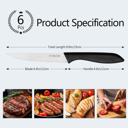 Steak Knives Set of 6, Sharp Serrated Steak Knives,Premium Stainless Steel Steak Knife Set,Colorful Tomato Knife,Steak Knifes for Kitchen/Hotel/Restaurant,Multi-Color