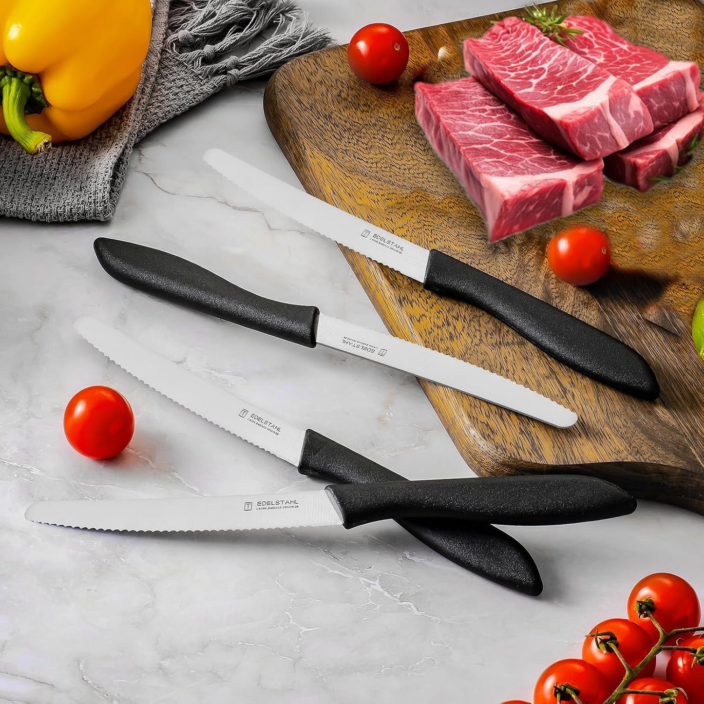 Steak Knives Set of 6, Sharp Serrated Steak Knives,Premium Stainless Steel Steak Knife Set,Colorful Tomato Knife,Steak Knifes for Kitchen/Hotel/Restaurant,Multi-Color