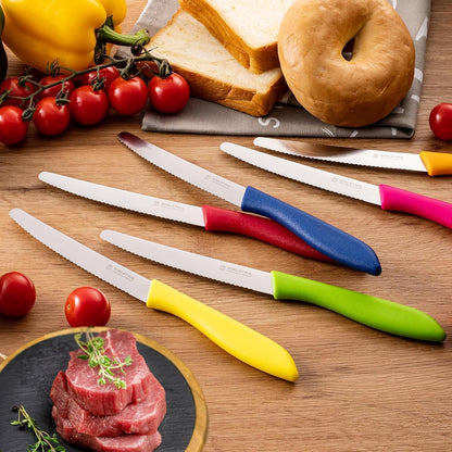 Steak Knives Set of 6, Sharp Serrated Steak Knives,Premium Stainless Steel Steak Knife Set,Colorful Tomato Knife,Steak Knifes for Kitchen/Hotel/Restaurant,Multi-Color