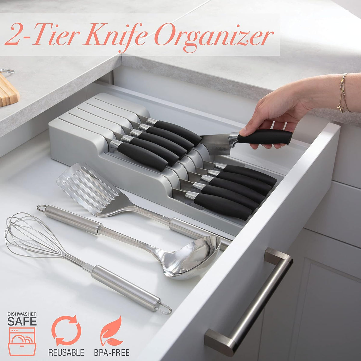 2 Tier Knife Drawer Organizer | Holds 11 Knives | Utensil Holder | Knife Block | Storage & Organization | Space Saver | Natural