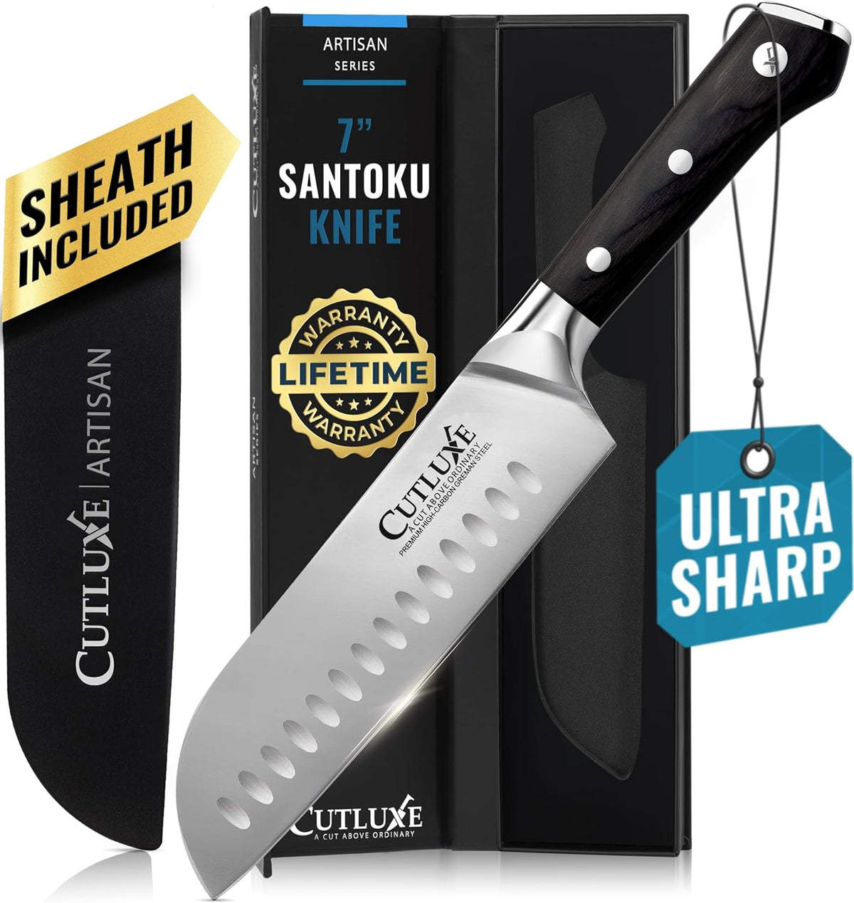 Santoku Knife, 7" Meat & Vegetable Chopping Knife – Sheath Included