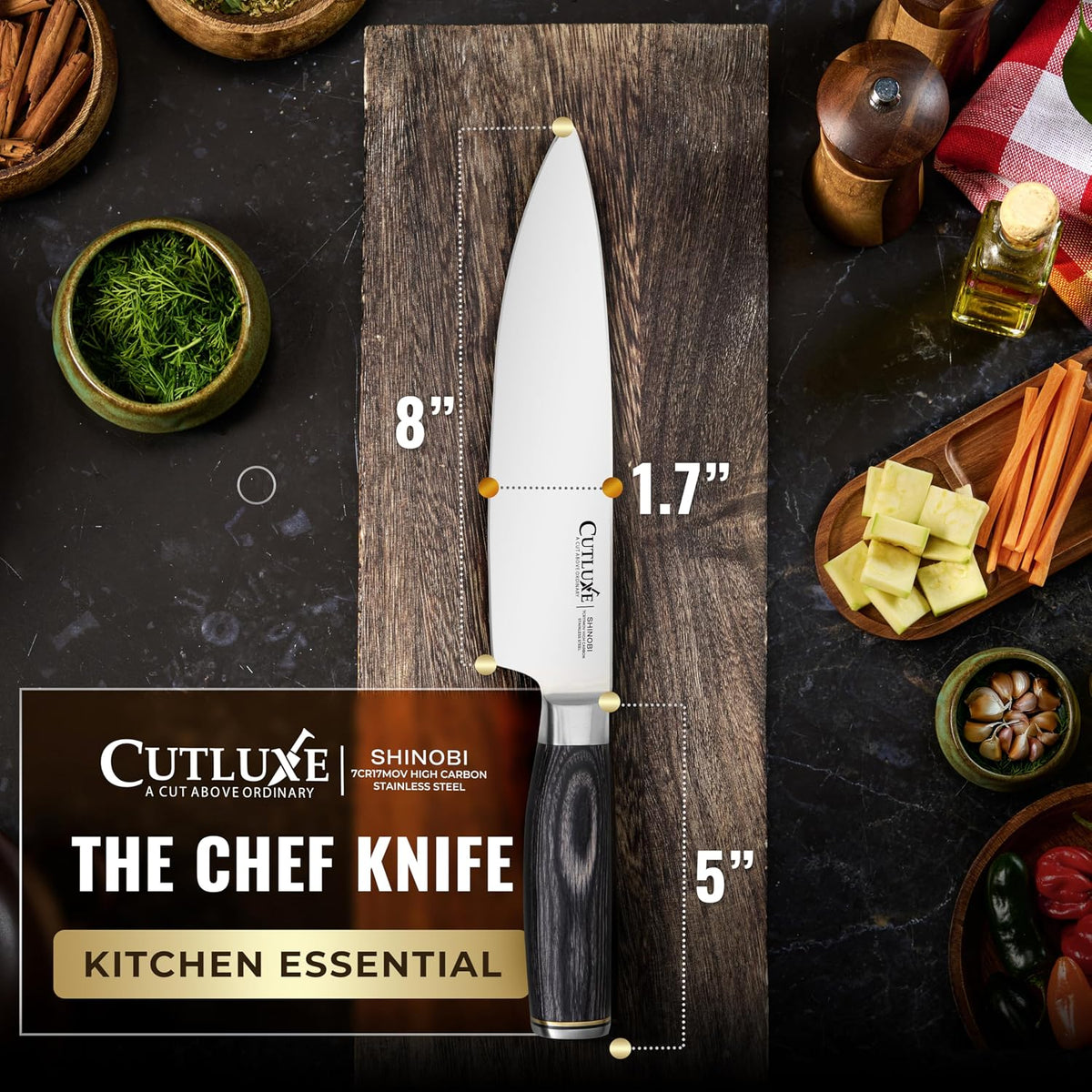 Santoku Knife, 7" Meat & Vegetable Chopping Knife – Sheath Included