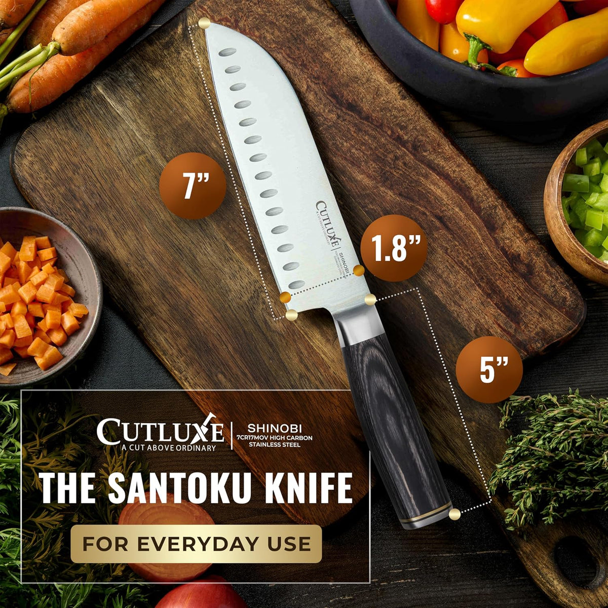 Santoku Knife, 7" Meat & Vegetable Chopping Knife – Sheath Included