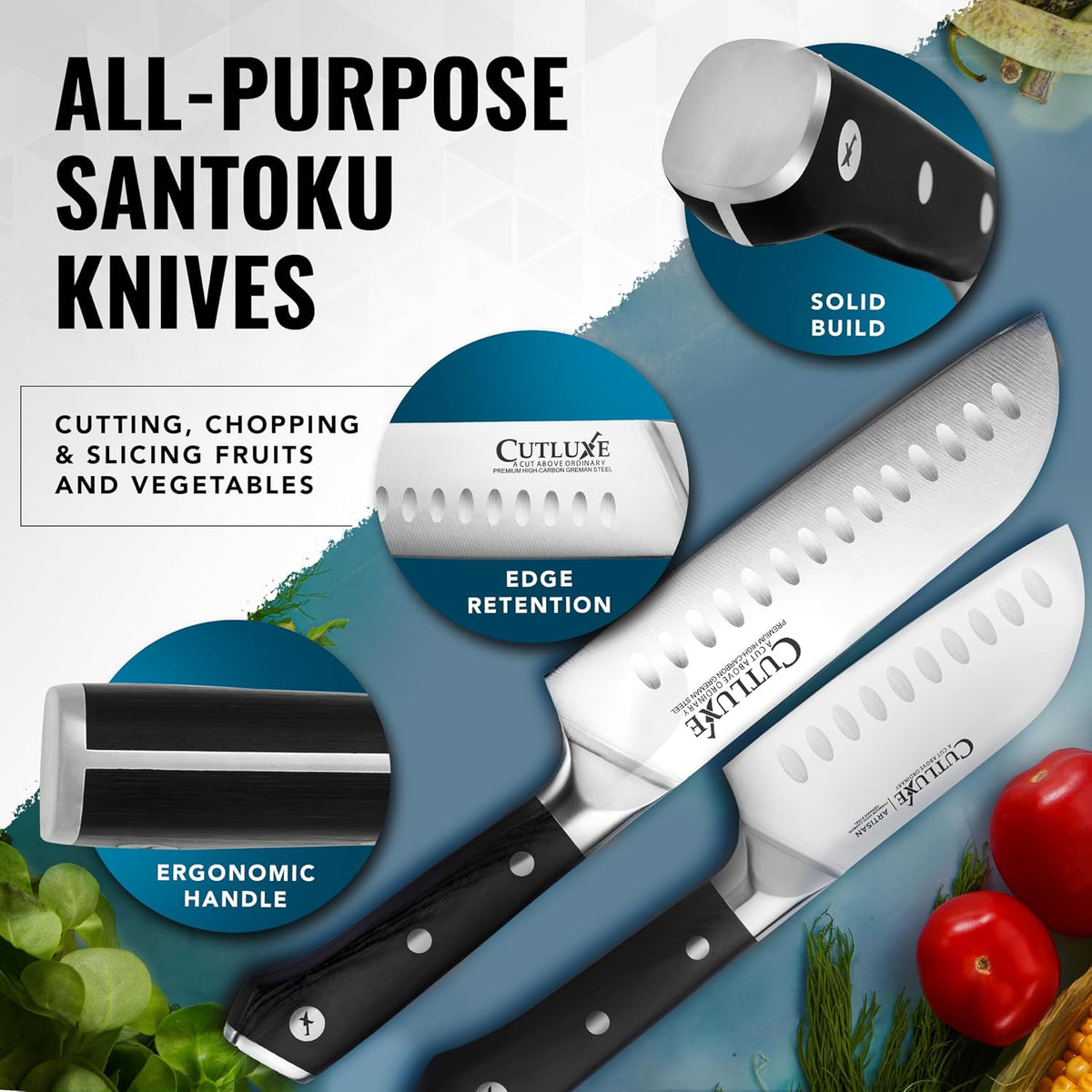 Santoku Knife, 7" Meat & Vegetable Chopping Knife – Sheath Included