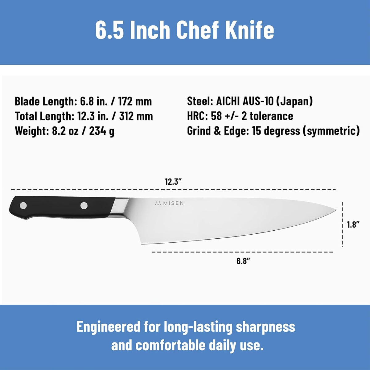 6.8" Chef Knife – High Carbon Japanese AUS-10 Stainless Steel – Hybrid German & Japanese Blade – Precision Kitchen Knife for Professionals & Home Cooks – Ultimate Cutting Performance - Black
