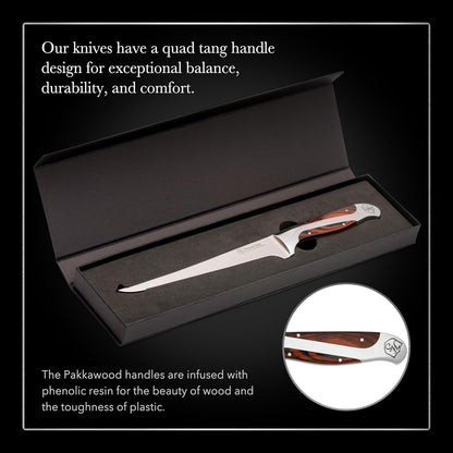 7-Inch Fillet Knife | German Forged High Carbon Steel Blade for Filleting, Boning, Trimming & Slicing | Ergonomic Quad-Tang Pakkawood Handle & Gift Box