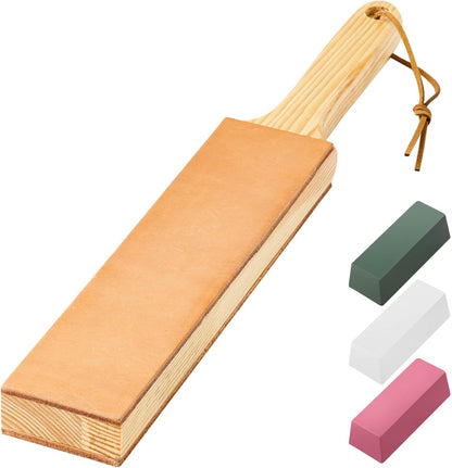 Double Side Leather Strop for Knife Sharpening - 14"x 2" Stropping Block Kit with Polishing Compound, Knife Strop with Ergonomic Handle for Honing Knives, Woodworking Chisels