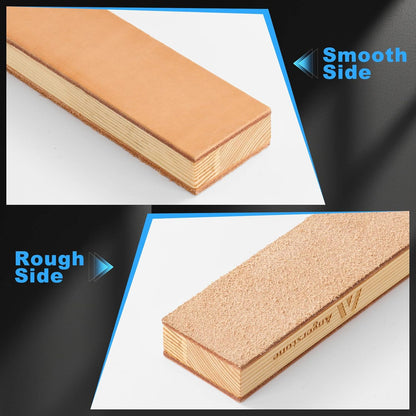 Double Side Leather Strop for Knife Sharpening - 14"x 2" Stropping Block Kit with Polishing Compound, Knife Strop with Ergonomic Handle for Honing Knives, Woodworking Chisels