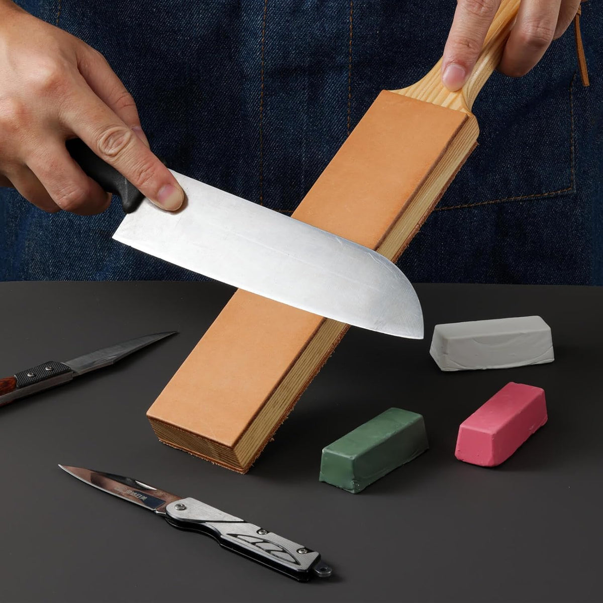Double Side Leather Strop for Knife Sharpening - 14"x 2" Stropping Block Kit with Polishing Compound, Knife Strop with Ergonomic Handle for Honing Knives, Woodworking Chisels