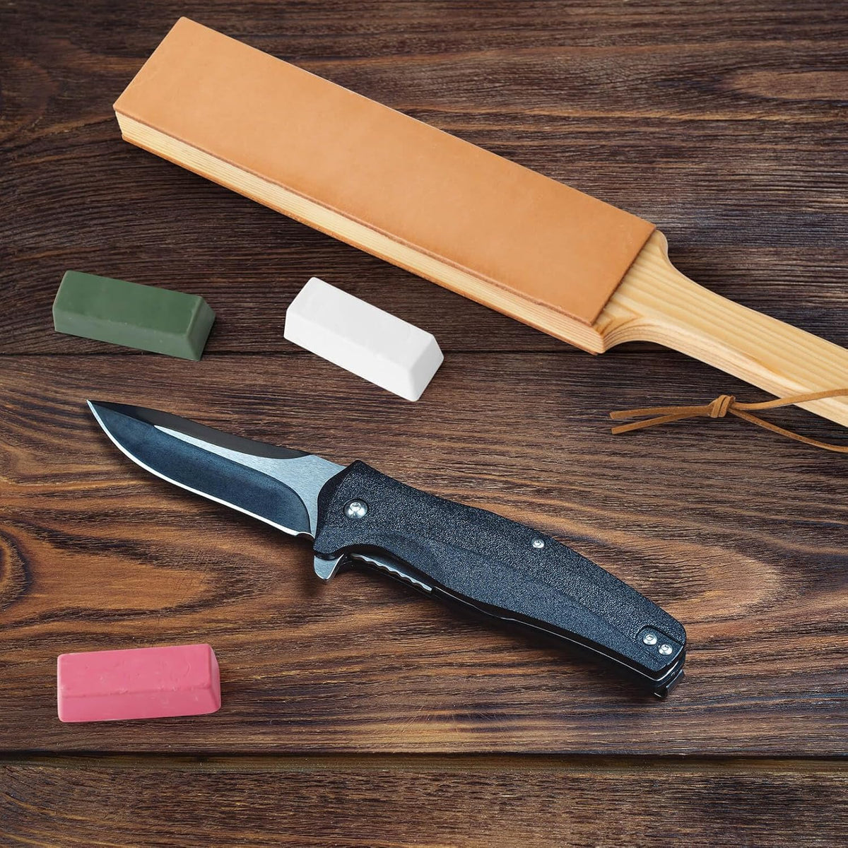 Double Side Leather Strop for Knife Sharpening - 14"x 2" Stropping Block Kit with Polishing Compound, Knife Strop with Ergonomic Handle for Honing Knives, Woodworking Chisels