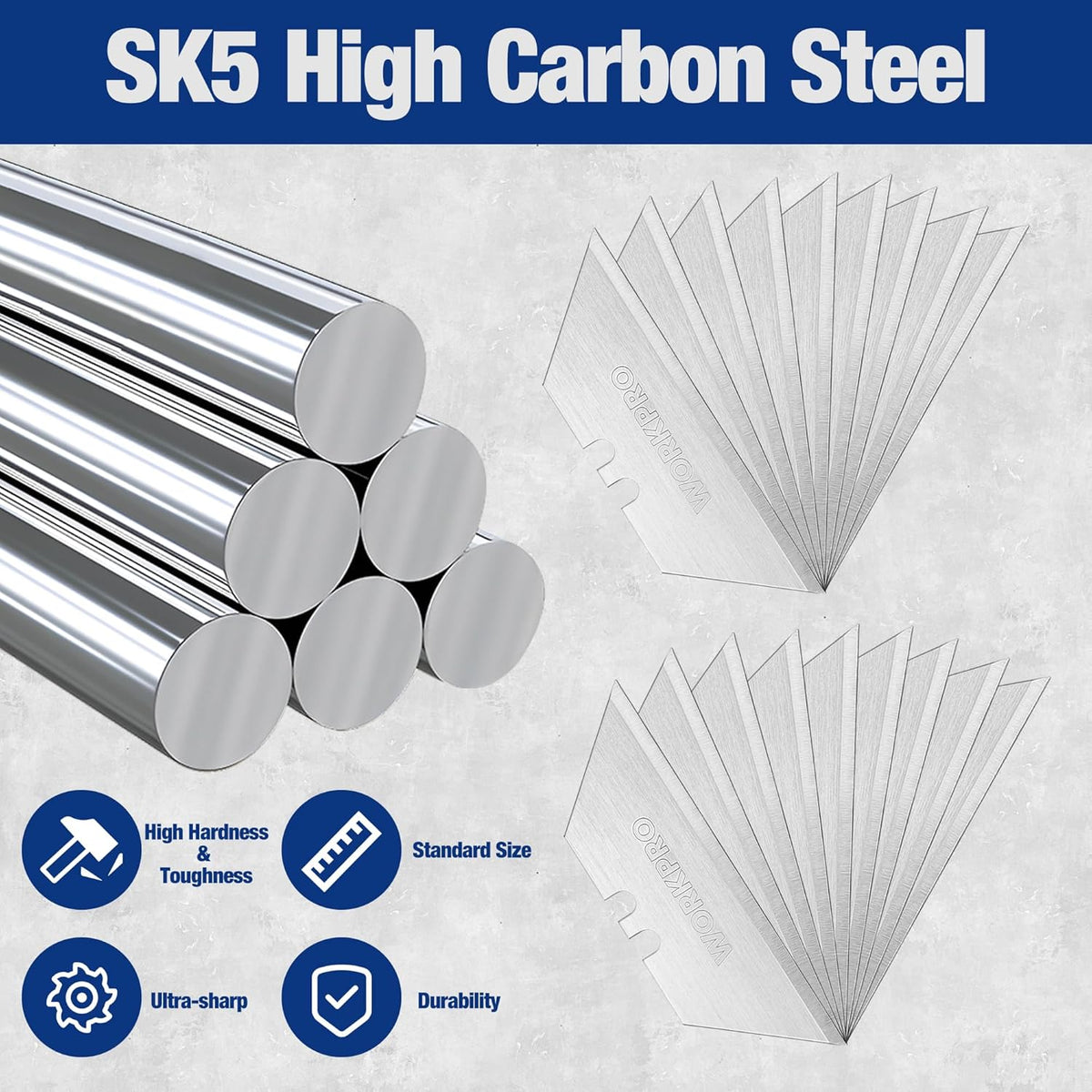 Utility Knife Blades, SK5 Steel Blades with Dispenser