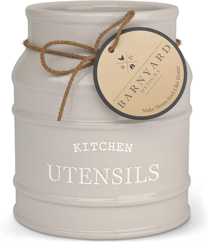 Ceramic Kitchen Utensil Holder Countertop 6.75″ (Taupe) | Large Rustic Kitchen Utensil Crock Counter Organizer for Cooking Tools, Spatulas, and Gadgets; Spatula Caddy; Farmhouse Decor