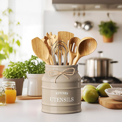 Ceramic Kitchen Utensil Holder Countertop 6.75″ (Taupe) | Large Rustic Kitchen Utensil Crock Counter Organizer for Cooking Tools, Spatulas, and Gadgets; Spatula Caddy; Farmhouse Decor
