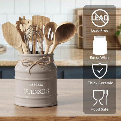Ceramic Kitchen Utensil Holder Countertop 6.75″ (Taupe) | Large Rustic Kitchen Utensil Crock Counter Organizer for Cooking Tools, Spatulas, and Gadgets; Spatula Caddy; Farmhouse Decor