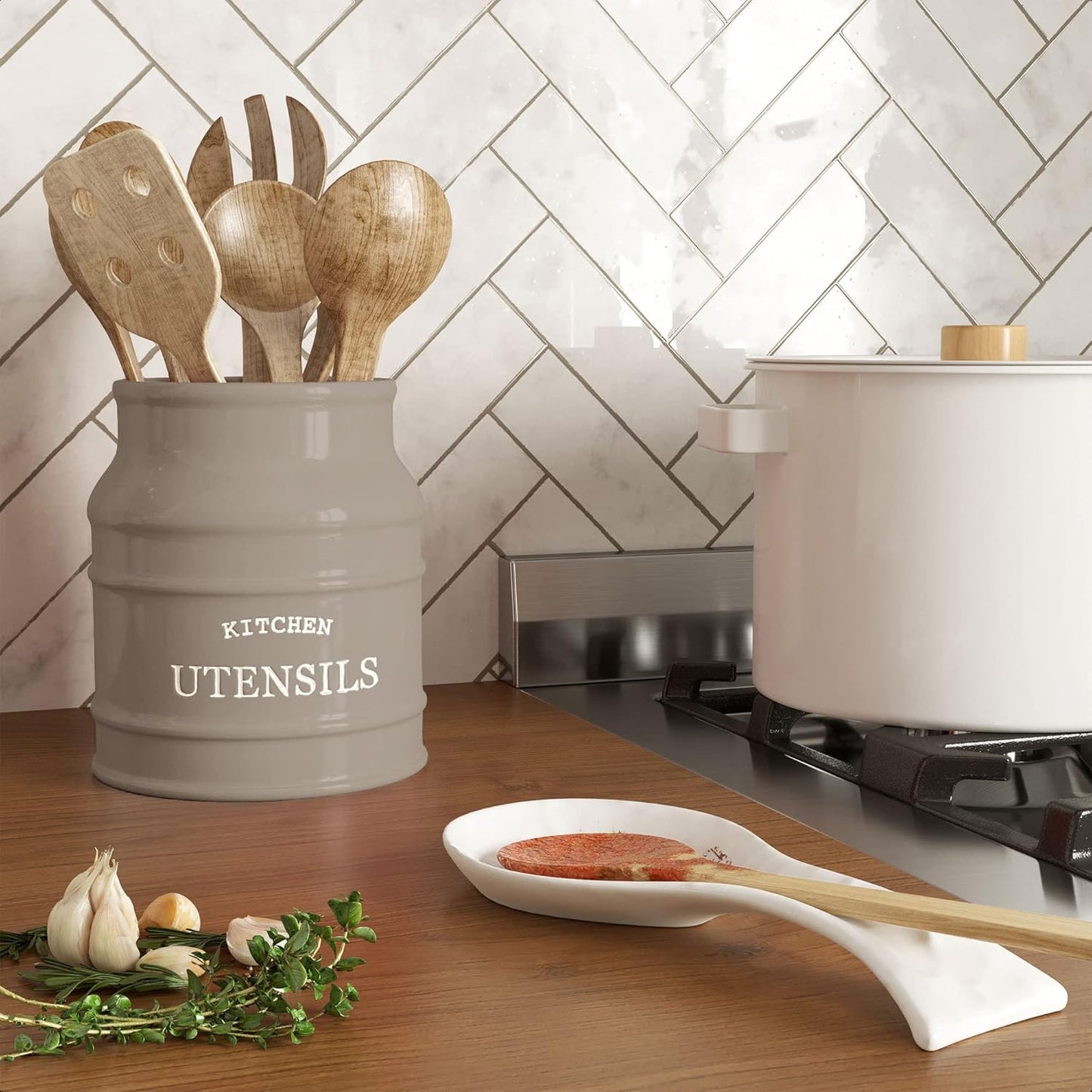Ceramic Kitchen Utensil Holder Countertop 6.75″ (Taupe) | Large Rustic Kitchen Utensil Crock Counter Organizer for Cooking Tools, Spatulas, and Gadgets; Spatula Caddy; Farmhouse Decor