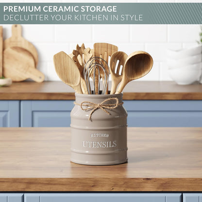 Ceramic Kitchen Utensil Holder Countertop 6.75″ (Taupe) | Large Rustic Kitchen Utensil Crock Counter Organizer for Cooking Tools, Spatulas, and Gadgets; Spatula Caddy; Farmhouse Decor