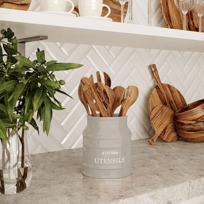 Ceramic Kitchen Utensil Holder Countertop 6.75″ (Taupe) | Large Rustic Kitchen Utensil Crock Counter Organizer for Cooking Tools, Spatulas, and Gadgets; Spatula Caddy; Farmhouse Decor