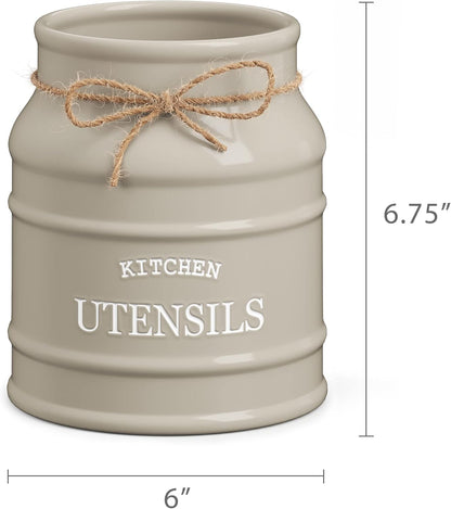 Ceramic Kitchen Utensil Holder Countertop 6.75″ (Taupe) | Large Rustic Kitchen Utensil Crock Counter Organizer for Cooking Tools, Spatulas, and Gadgets; Spatula Caddy; Farmhouse Decor