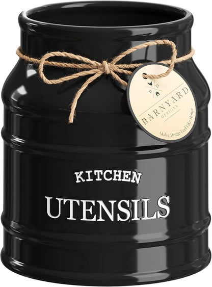 Ceramic Kitchen Utensil Holder Countertop 6.75″ (Taupe) | Large Rustic Kitchen Utensil Crock Counter Organizer for Cooking Tools, Spatulas, and Gadgets; Spatula Caddy; Farmhouse Decor