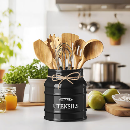 Ceramic Kitchen Utensil Holder Countertop 6.75″ (Taupe) | Large Rustic Kitchen Utensil Crock Counter Organizer for Cooking Tools, Spatulas, and Gadgets; Spatula Caddy; Farmhouse Decor
