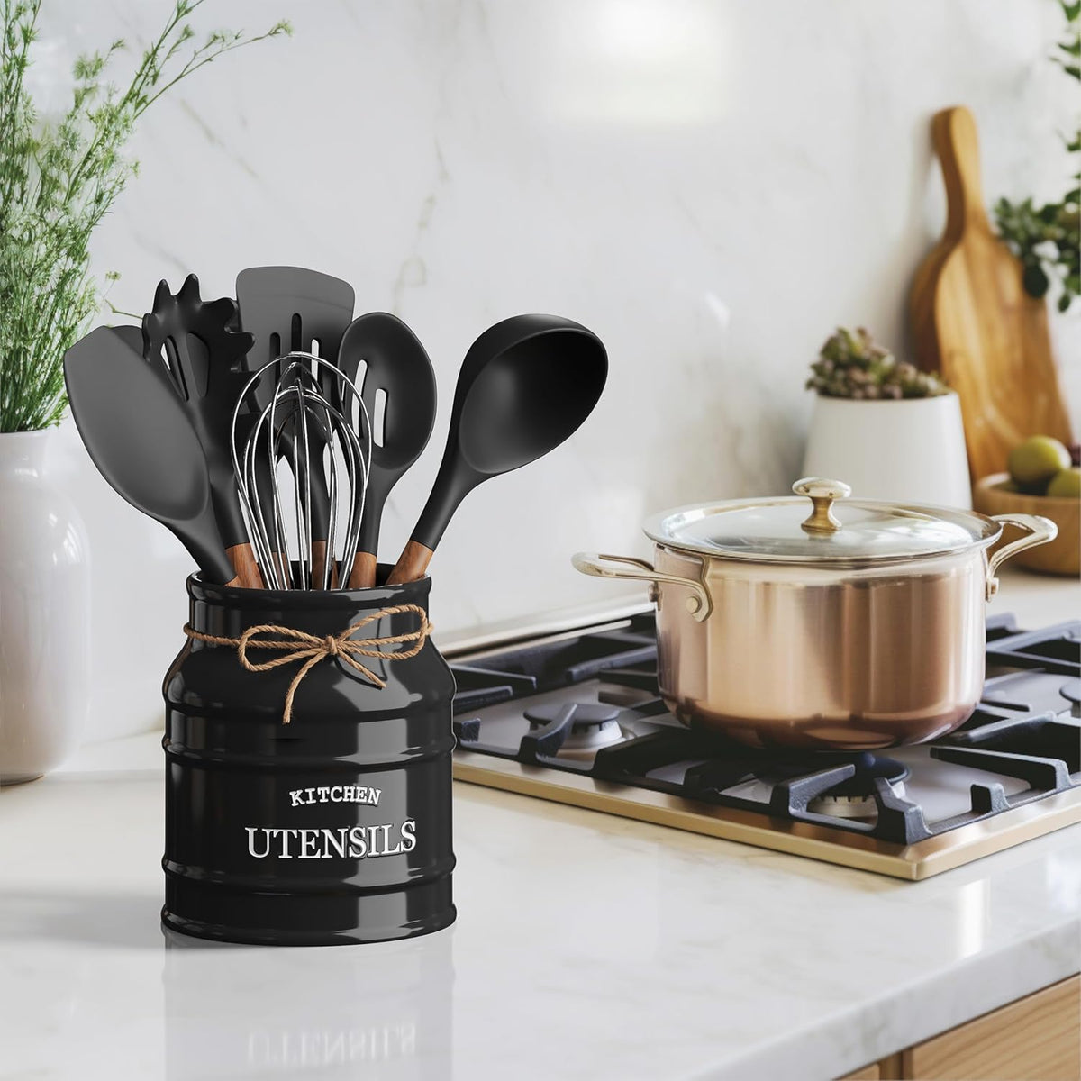 Ceramic Kitchen Utensil Holder Countertop 6.75″ (Taupe) | Large Rustic Kitchen Utensil Crock Counter Organizer for Cooking Tools, Spatulas, and Gadgets; Spatula Caddy; Farmhouse Decor