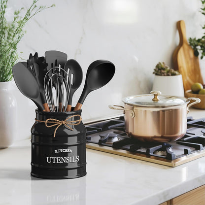 Ceramic Kitchen Utensil Holder Countertop 6.75″ (Taupe) | Large Rustic Kitchen Utensil Crock Counter Organizer for Cooking Tools, Spatulas, and Gadgets; Spatula Caddy; Farmhouse Decor