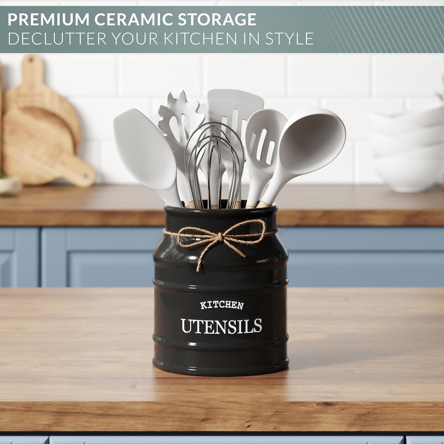 Ceramic Kitchen Utensil Holder Countertop 6.75″ (Taupe) | Large Rustic Kitchen Utensil Crock Counter Organizer for Cooking Tools, Spatulas, and Gadgets; Spatula Caddy; Farmhouse Decor