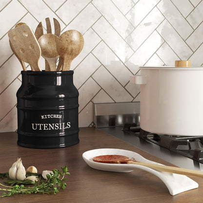 Ceramic Kitchen Utensil Holder Countertop 6.75″ (Taupe) | Large Rustic Kitchen Utensil Crock Counter Organizer for Cooking Tools, Spatulas, and Gadgets; Spatula Caddy; Farmhouse Decor