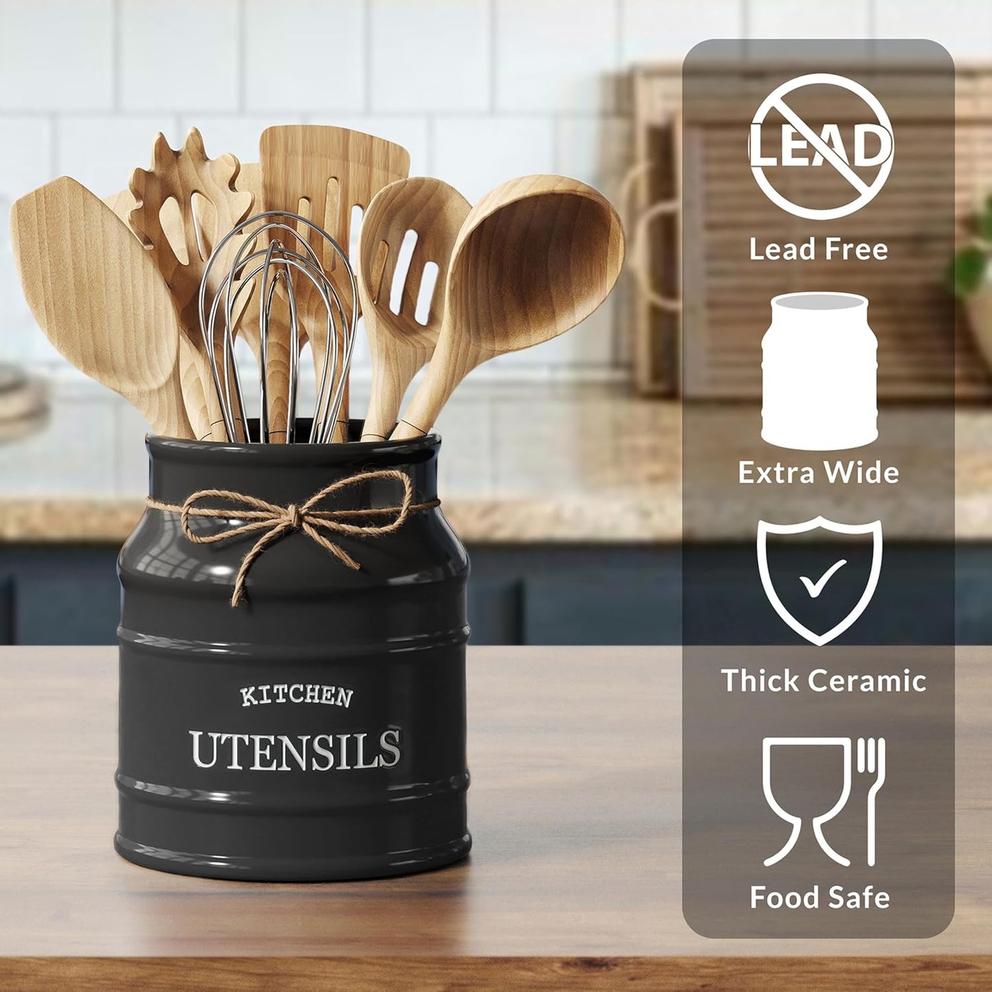 Ceramic Kitchen Utensil Holder Countertop 6.75″ (Taupe) | Large Rustic Kitchen Utensil Crock Counter Organizer for Cooking Tools, Spatulas, and Gadgets; Spatula Caddy; Farmhouse Decor