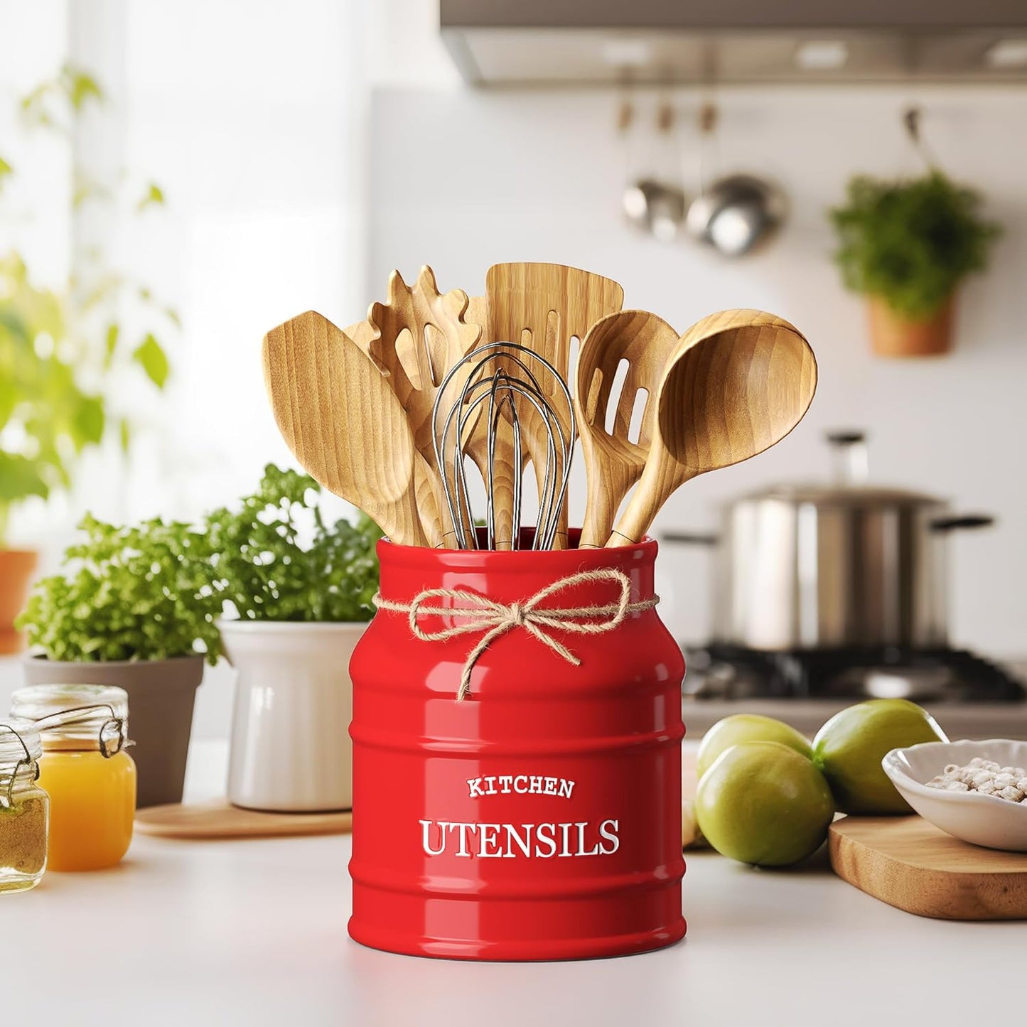 Ceramic Kitchen Utensil Holder Countertop 6.75″ (Taupe) | Large Rustic Kitchen Utensil Crock Counter Organizer for Cooking Tools, Spatulas, and Gadgets; Spatula Caddy; Farmhouse Decor