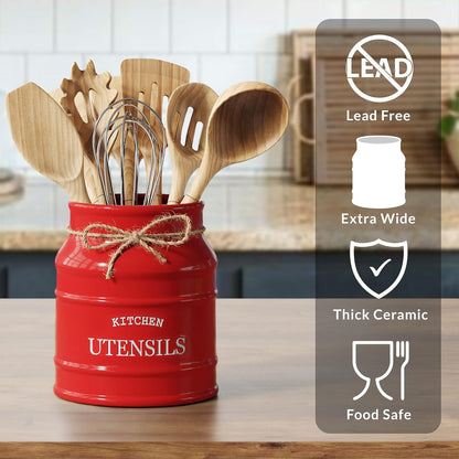 Ceramic Kitchen Utensil Holder Countertop 6.75″ (Taupe) | Large Rustic Kitchen Utensil Crock Counter Organizer for Cooking Tools, Spatulas, and Gadgets; Spatula Caddy; Farmhouse Decor