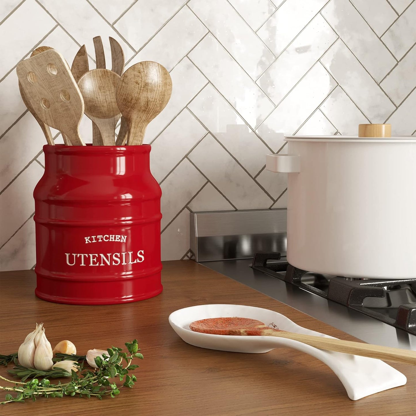 Ceramic Kitchen Utensil Holder Countertop 6.75″ (Taupe) | Large Rustic Kitchen Utensil Crock Counter Organizer for Cooking Tools, Spatulas, and Gadgets; Spatula Caddy; Farmhouse Decor