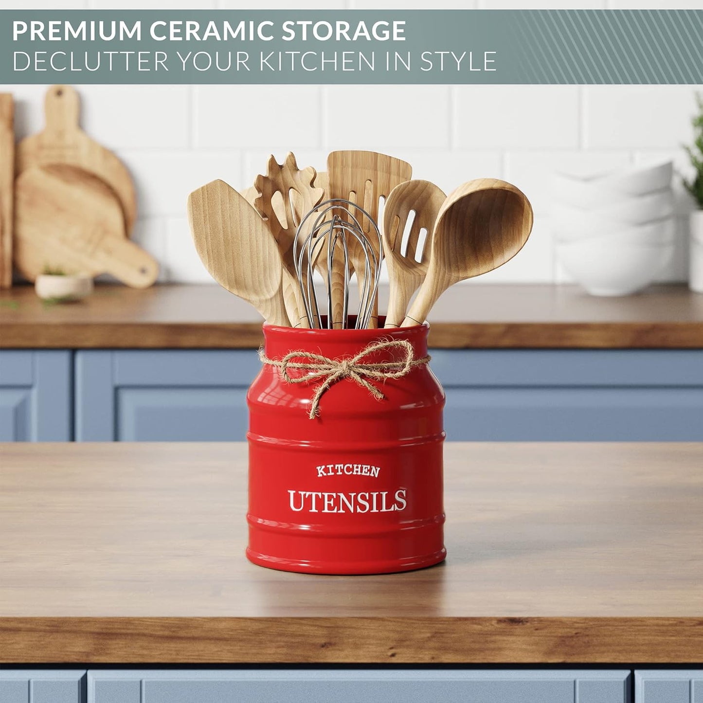 Ceramic Kitchen Utensil Holder Countertop 6.75″ (Taupe) | Large Rustic Kitchen Utensil Crock Counter Organizer for Cooking Tools, Spatulas, and Gadgets; Spatula Caddy; Farmhouse Decor