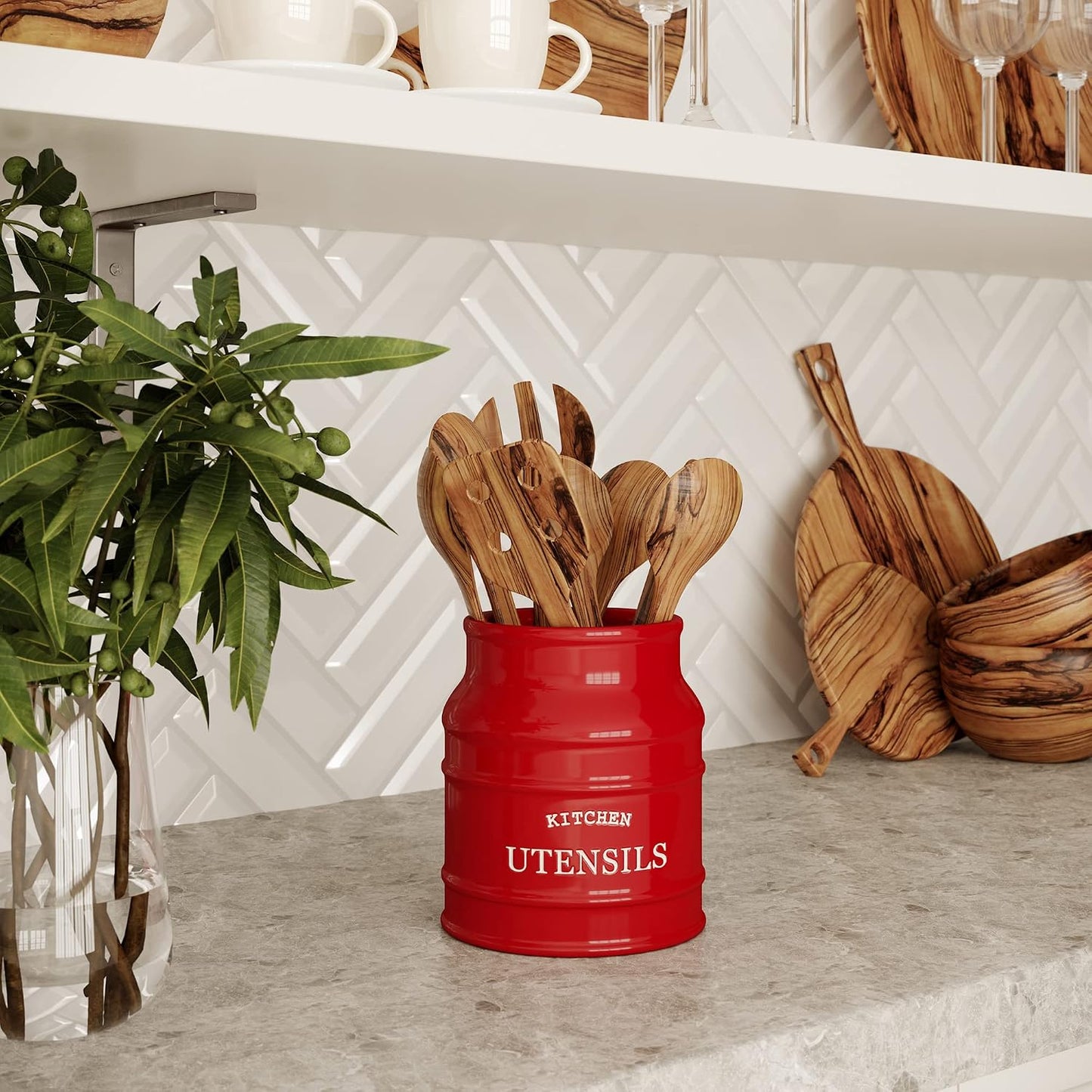 Ceramic Kitchen Utensil Holder Countertop 6.75″ (Taupe) | Large Rustic Kitchen Utensil Crock Counter Organizer for Cooking Tools, Spatulas, and Gadgets; Spatula Caddy; Farmhouse Decor