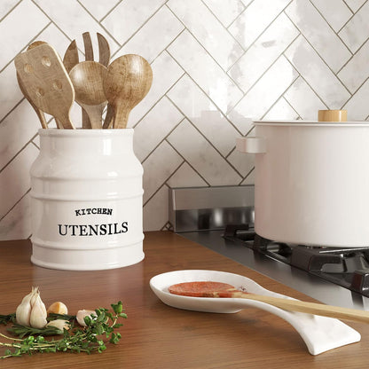 Ceramic Kitchen Utensil Holder Countertop 6.75″ (Taupe) | Large Rustic Kitchen Utensil Crock Counter Organizer for Cooking Tools, Spatulas, and Gadgets; Spatula Caddy; Farmhouse Decor