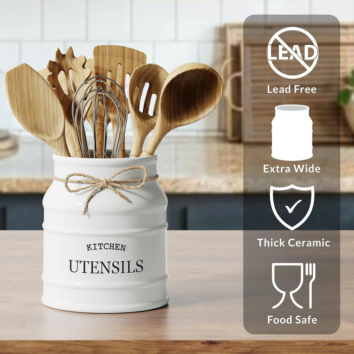 Ceramic Kitchen Utensil Holder Countertop 6.75″ (Taupe) | Large Rustic Kitchen Utensil Crock Counter Organizer for Cooking Tools, Spatulas, and Gadgets; Spatula Caddy; Farmhouse Decor