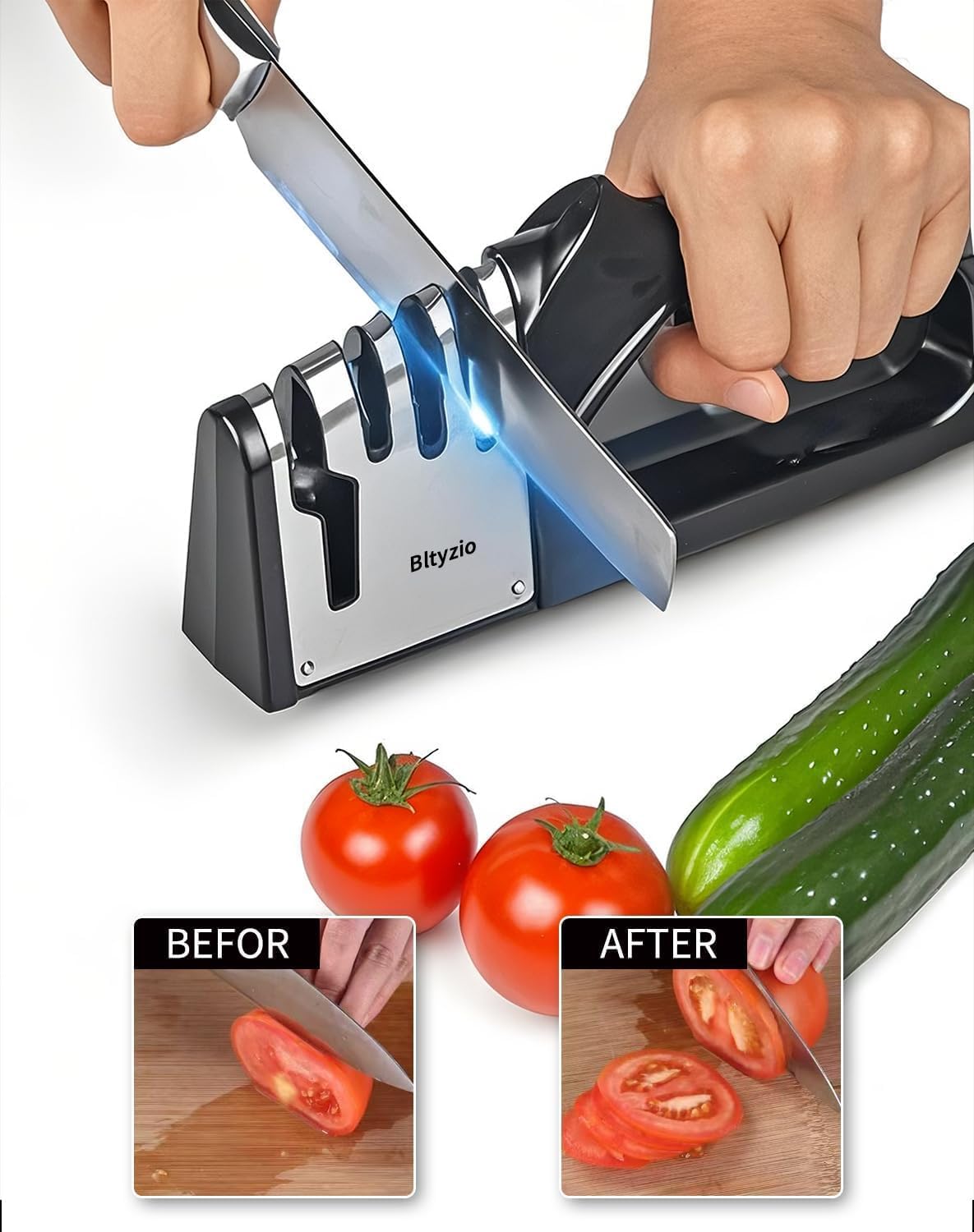 4-In-1 Manual Knife Sharpener for Kitchen Knives & Scissors, Professional Pull-Through Knife Sharpener with Tungsten Steel & Ceramic Slots, Non-Slip Base, Easy to Use for Chef Knives & Kitchen Knives