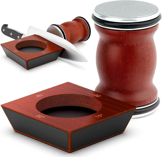 Rolling Knife Sharpener for Razor Sharp Edges, Kitchen Knife Sharpening Tool Kit for Steel of Any Hardness, 15°, 18°, 20° & 22° Magnetic Angle Eco-Friendly Sturdy Sapele Wood