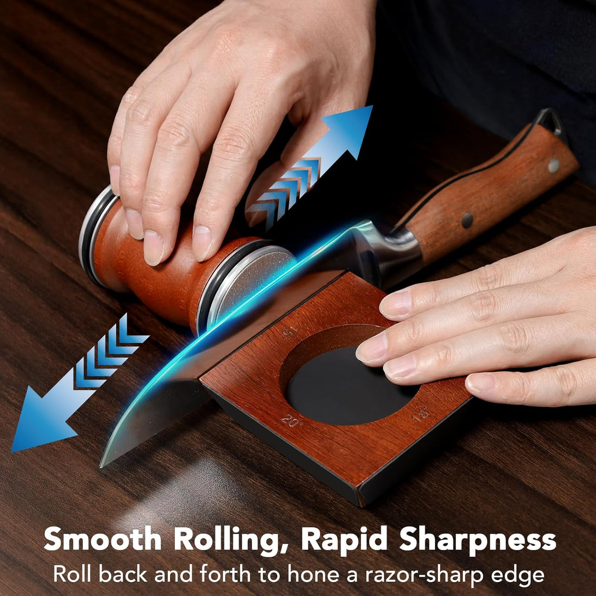 Rolling Knife Sharpener for Razor Sharp Edges, Kitchen Knife Sharpening Tool Kit for Steel of Any Hardness, 15°, 18°, 20° & 22° Magnetic Angle Eco-Friendly Sturdy Sapele Wood