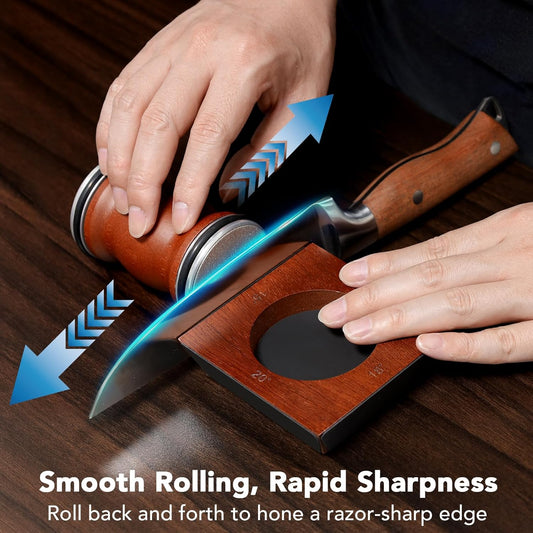 Rolling Knife Sharpener for Razor Sharp Edges, Kitchen Knife Sharpening Tool Kit for Steel of Any Hardness, 15°, 18°, 20° & 22° Magnetic Angle Eco-Friendly Sturdy Sapele Wood