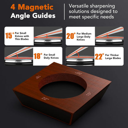 Rolling Knife Sharpener for Razor Sharp Edges, Kitchen Knife Sharpening Tool Kit for Steel of Any Hardness, 15°, 18°, 20° & 22° Magnetic Angle Eco-Friendly Sturdy Sapele Wood