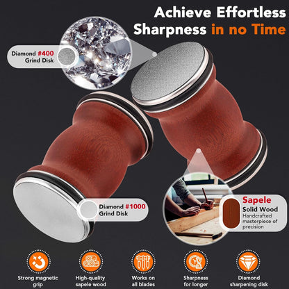 Rolling Knife Sharpener for Razor Sharp Edges, Kitchen Knife Sharpening Tool Kit for Steel of Any Hardness, 15°, 18°, 20° & 22° Magnetic Angle Eco-Friendly Sturdy Sapele Wood