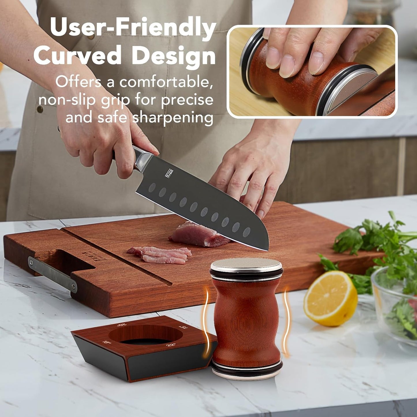 Rolling Knife Sharpener for Razor Sharp Edges, Kitchen Knife Sharpening Tool Kit for Steel of Any Hardness, 15°, 18°, 20° & 22° Magnetic Angle Eco-Friendly Sturdy Sapele Wood