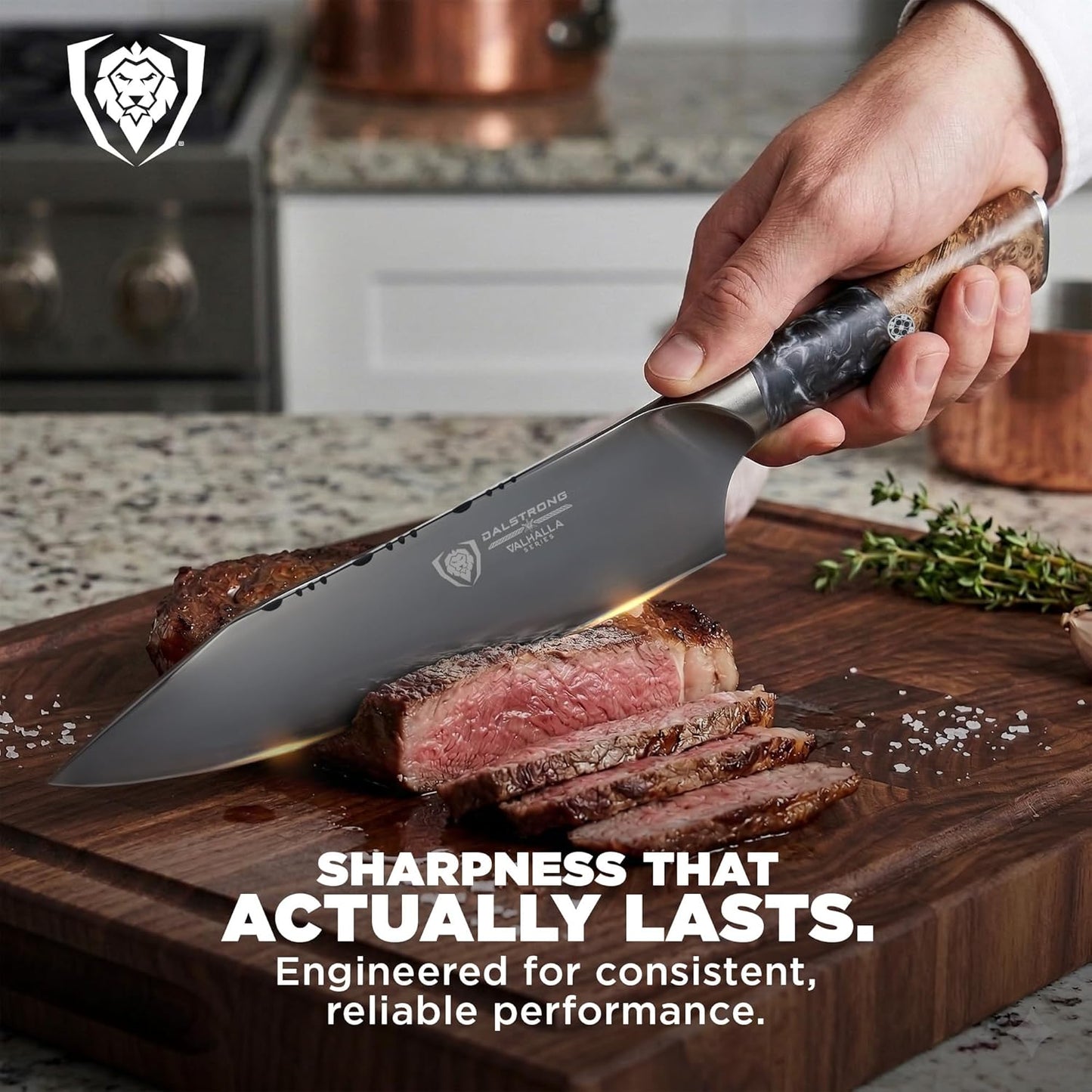 Chef Knife - 8 inch - Valhalla Series - Ravenstone Black Blade Titanium Coated - Premium 9CR18MOV HC Steel - Resin & Wood Handle - Razor Sharp - Kitchen Cooking Chef's Knife - Leather Sheath