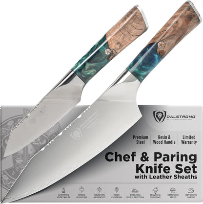Chef Knife - 8 inch - Valhalla Series - Ravenstone Black Blade Titanium Coated - Premium 9CR18MOV HC Steel - Resin & Wood Handle - Razor Sharp - Kitchen Cooking Chef's Knife - Leather Sheath
