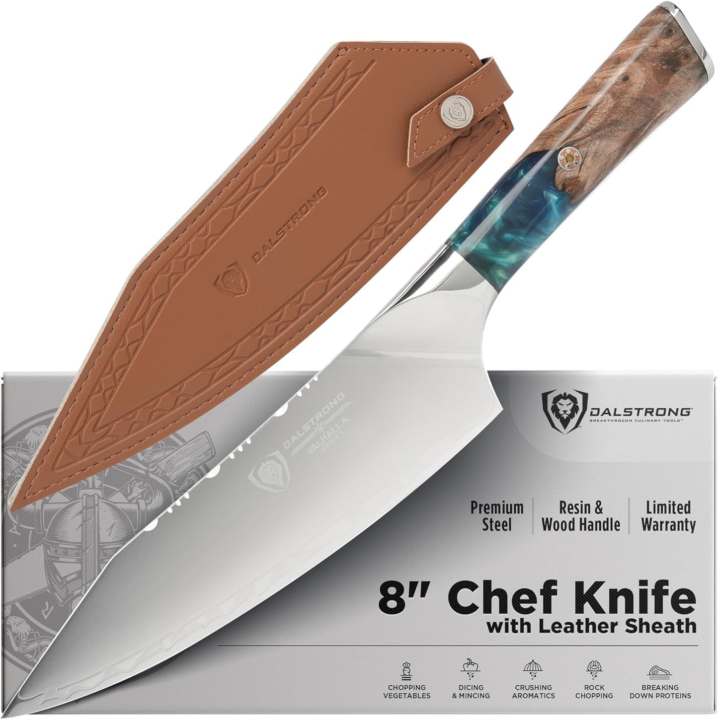 Chef Knife - 8 inch - Valhalla Series - Ravenstone Black Blade Titanium Coated - Premium 9CR18MOV HC Steel - Resin & Wood Handle - Razor Sharp - Kitchen Cooking Chef's Knife - Leather Sheath